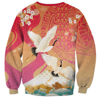 Hawaiian and Japanese Culture Together Sweatshirt Kakau Art Tattoo with Cranes and Sakura Spring Vibe - Polynesian Pride