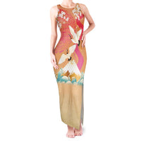 Hawaiian and Japanese Culture Together Tank Maxi Dress Kakau Art Tattoo with Cranes and Sakura Spring Vibe - Polynesian Pride