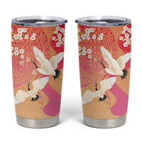 Hawaiian and Japanese Culture Together Tumbler Cup Kakau Art Tattoo with Cranes and Sakura Spring Vibe - Polynesian Pride