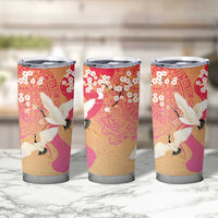 Hawaiian and Japanese Culture Together Tumbler Cup Kakau Art Tattoo with Cranes and Sakura Spring Vibe - Polynesian Pride