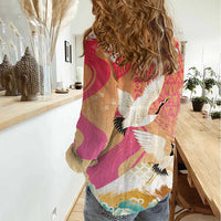 Hawaiian and Japanese Culture Together Women Casual Shirt Kakau Art Tattoo with Cranes and Sakura Spring Vibe - Polynesian Pride