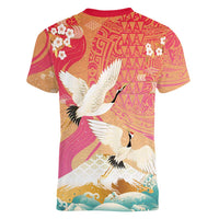 Hawaiian and Japanese Culture Together Women V-Neck T-Shirt Kakau Art Tattoo with Cranes and Sakura Spring Vibe LT03 - Polynesian Pride