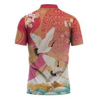Hawaiian and Japanese Culture Together Zipper Polo Shirt Kakau Art Tattoo with Cranes and Sakura Spring Vibe LT03 - Polynesian Pride