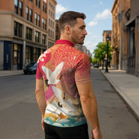 Hawaiian and Japanese Culture Together Zipper Polo Shirt Kakau Art Tattoo with Cranes and Sakura Spring Vibe LT03 - Polynesian Pride