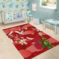 Hawaiian and Japanese Culture Together Area Rug Red Ohia Lehua Plumeria and Sakura Blooming - Polynesian Pride