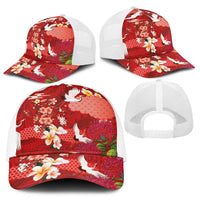 Hawaiian and Japanese Culture Together Baseball Net Cap Red Ohia Lehua Plumeria and Sakura Blooming LT03 - Polynesian Pride