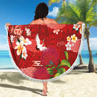 Hawaiian and Japanese Culture Together Beach Blanket Red Ohia Lehua Plumeria and Sakura Blooming - Polynesian Pride