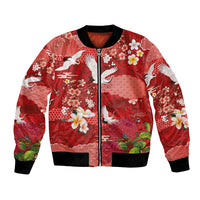 Hawaiian and Japanese Culture Together Bomber Jacket Red Ohia Lehua Plumeria and Sakura Blooming - Polynesian Pride