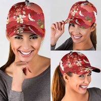 Hawaiian and Japanese Culture Together Classic Cap Red Ohia Lehua Plumeria and Sakura Blooming LT03 - Polynesian Pride