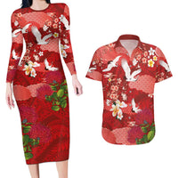 Hawaiian and Japanese Culture Together Couples Matching Long Sleeve Bodycon Dress and Hawaiian Shirt Red Ohia Lehua Plumeria and Sakura Blooming - Polynesian Pride