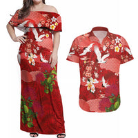 Hawaiian and Japanese Culture Together Couples Matching Off Shoulder Maxi Dress and Hawaiian Shirt Red Ohia Lehua Plumeria and Sakura Blooming - Polynesian Pride