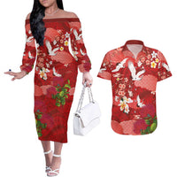 Hawaiian and Japanese Culture Together Couples Matching Off The Shoulder Long Sleeve Dress and Hawaiian Shirt Red Ohia Lehua Plumeria and Sakura Blooming LT03 Red - Polynesian Pride