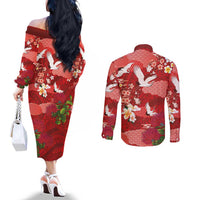 Hawaiian and Japanese Culture Together Couples Matching Off The Shoulder Long Sleeve Dress and Long Sleeve Button Shirt Red Ohia Lehua Plumeria and Sakura Blooming - Polynesian Pride