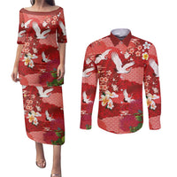 Hawaiian and Japanese Culture Together Couples Matching Puletasi and Long Sleeve Button Shirt Red Ohia Lehua Plumeria and Sakura Blooming LT03 Red - Polynesian Pride