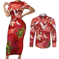 Hawaiian and Japanese Culture Together Couples Matching Short Sleeve Bodycon Dress and Long Sleeve Button Shirt Red Ohia Lehua Plumeria and Sakura Blooming LT03 Red - Polynesian Pride