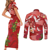 Hawaiian and Japanese Culture Together Couples Matching Short Sleeve Bodycon Dress and Long Sleeve Button Shirt Red Ohia Lehua Plumeria and Sakura Blooming LT03 - Polynesian Pride