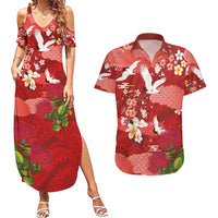 Hawaiian and Japanese Culture Together Couples Matching Summer Maxi Dress and Hawaiian Shirt Red Ohia Lehua Plumeria and Sakura Blooming LT03 Red - Polynesian Pride