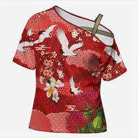 Hawaiian and Japanese Culture Together Cross Shoulder Shirt Red Ohia Lehua Plumeria and Sakura Blooming LT03 Female Red - Polynesian Pride