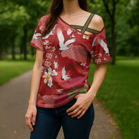 Hawaiian and Japanese Culture Together Cross Shoulder Shirt Red Ohia Lehua Plumeria and Sakura Blooming LT03 - Polynesian Pride