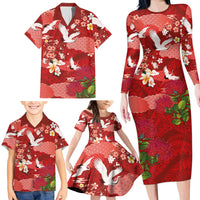 Hawaiian and Japanese Culture Together Family Matching Long Sleeve Bodycon Dress and Hawaiian Shirt Red Ohia Lehua Plumeria and Sakura Blooming LT03 - Polynesian Pride