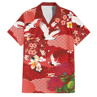 Hawaiian and Japanese Culture Together Family Matching Long Sleeve Bodycon Dress and Hawaiian Shirt Red Ohia Lehua Plumeria and Sakura Blooming LT03 Dad's Shirt - Short Sleeve Red - Polynesian Pride