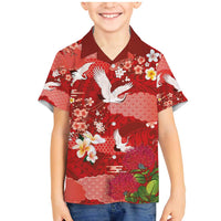 Hawaiian and Japanese Culture Together Family Matching Mermaid Dress and Hawaiian Shirt Red Ohia Lehua Plumeria and Sakura Blooming LT03 Son's Shirt Red - Polynesian Pride