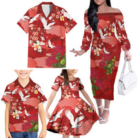 Hawaiian and Japanese Culture Together Family Matching Off The Shoulder Long Sleeve Dress and Hawaiian Shirt Red Ohia Lehua Plumeria and Sakura Blooming LT03 - Polynesian Pride