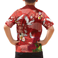 Hawaiian and Japanese Culture Together Family Matching Off Shoulder Short Dress and Hawaiian Shirt Red Ohia Lehua Plumeria and Sakura Blooming - Polynesian Pride