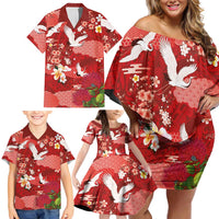Hawaiian and Japanese Culture Together Family Matching Off Shoulder Short Dress and Hawaiian Shirt Red Ohia Lehua Plumeria and Sakura Blooming LT03 - Polynesian Pride