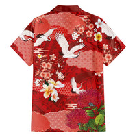 Hawaiian and Japanese Culture Together Family Matching Off Shoulder Short Dress and Hawaiian Shirt Red Ohia Lehua Plumeria and Sakura Blooming LT03 - Polynesian Pride