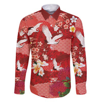 Hawaiian and Japanese Culture Together Family Matching Off Shoulder Short Dress and Hawaiian Shirt Red Ohia Lehua Plumeria and Sakura Blooming LT03 Dad's Shirt - Long Sleeve Red - Polynesian Pride