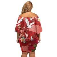 Hawaiian and Japanese Culture Together Family Matching Off Shoulder Short Dress and Hawaiian Shirt Red Ohia Lehua Plumeria and Sakura Blooming - Polynesian Pride
