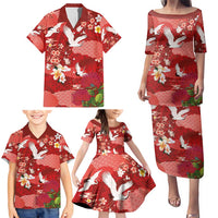 Hawaiian and Japanese Culture Together Family Matching Puletasi and Hawaiian Shirt Red Ohia Lehua Plumeria and Sakura Blooming LT03 - Polynesian Pride