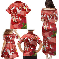 Hawaiian and Japanese Culture Together Family Matching Puletasi and Hawaiian Shirt Red Ohia Lehua Plumeria and Sakura Blooming LT03 - Polynesian Pride