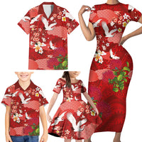 Hawaiian and Japanese Culture Together Family Matching Short Sleeve Bodycon Dress and Hawaiian Shirt Red Ohia Lehua Plumeria and Sakura Blooming LT03 - Polynesian Pride