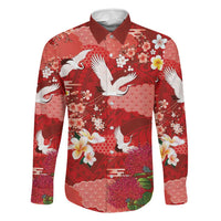 Hawaiian and Japanese Culture Together Family Matching Short Sleeve Bodycon Dress and Hawaiian Shirt Red Ohia Lehua Plumeria and Sakura Blooming LT03 Dad's Shirt - Long Sleeve Red - Polynesian Pride