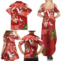 Hawaiian and Japanese Culture Together Family Matching Summer Maxi Dress and Hawaiian Shirt Red Ohia Lehua Plumeria and Sakura Blooming LT03 - Polynesian Pride