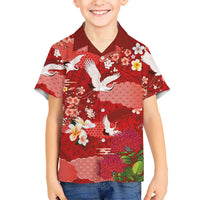 Hawaiian and Japanese Culture Together Family Matching Tank Maxi Dress and Hawaiian Shirt Red Ohia Lehua Plumeria and Sakura Blooming LT03 Son's Shirt Red - Polynesian Pride