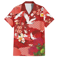 Hawaiian and Japanese Culture Together Hawaiian Shirt Red Ohia Lehua Plumeria and Sakura Blooming - Polynesian Pride