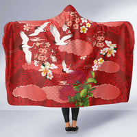 Hawaiian and Japanese Culture Together Hooded Blanket Red Ohia Lehua Plumeria and Sakura Blooming - Polynesian Pride