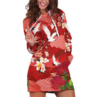 Hawaiian and Japanese Culture Together Hoodie Dress Red Ohia Lehua Plumeria and Sakura Blooming - Polynesian Pride