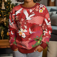 Hawaiian and Japanese Culture Together Kid Ugly Christmas Sweater Red Ohia Lehua Plumeria and Sakura Blooming - Polynesian Pride