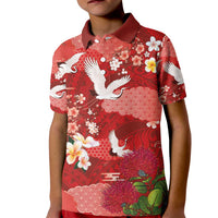Hawaiian and Japanese Culture Together Kid Polo Shirt Red Ohia Lehua Plumeria and Sakura Blooming - Polynesian Pride