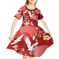 Hawaiian and Japanese Culture Together Kid Short Sleeve Dress Red Ohia Lehua Plumeria and Sakura Blooming LT03 - Polynesian Pride