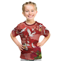Hawaiian and Japanese Culture Together Kid T Shirt Red Ohia Lehua Plumeria and Sakura Blooming LT03 Red - Polynesian Pride