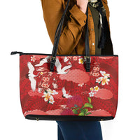 Hawaiian and Japanese Culture Together Leather Tote Bag Red Ohia Lehua Plumeria and Sakura Blooming - Polynesian Pride