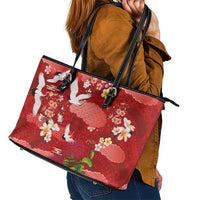 Hawaiian and Japanese Culture Together Leather Tote Bag Red Ohia Lehua Plumeria and Sakura Blooming - Polynesian Pride