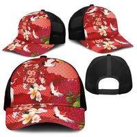 Hawaiian and Japanese Culture Together Mesh Trucker Cap Red Ohia Lehua Plumeria and Sakura Blooming - Polynesian Pride