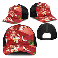 Hawaiian and Japanese Culture Together Mesh Trucker Cap Red Ohia Lehua Plumeria and Sakura Blooming LT03 - Polynesian Pride
