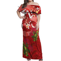 Hawaiian and Japanese Culture Together Off Shoulder Maxi Dress Red Ohia Lehua Plumeria and Sakura Blooming - Polynesian Pride